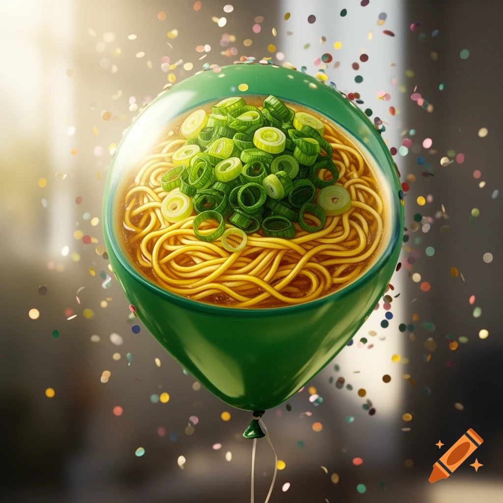A bright green ramen-filled balloon floats amidst colorful falling confetti, rendered in a photorealistic style.