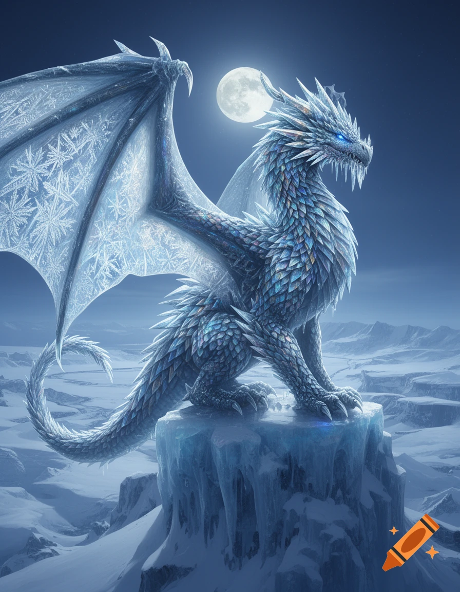 An intricate ice dragon with glowing blue eyes sits atop an icy peak in a snowy landscape under a full moon at night.