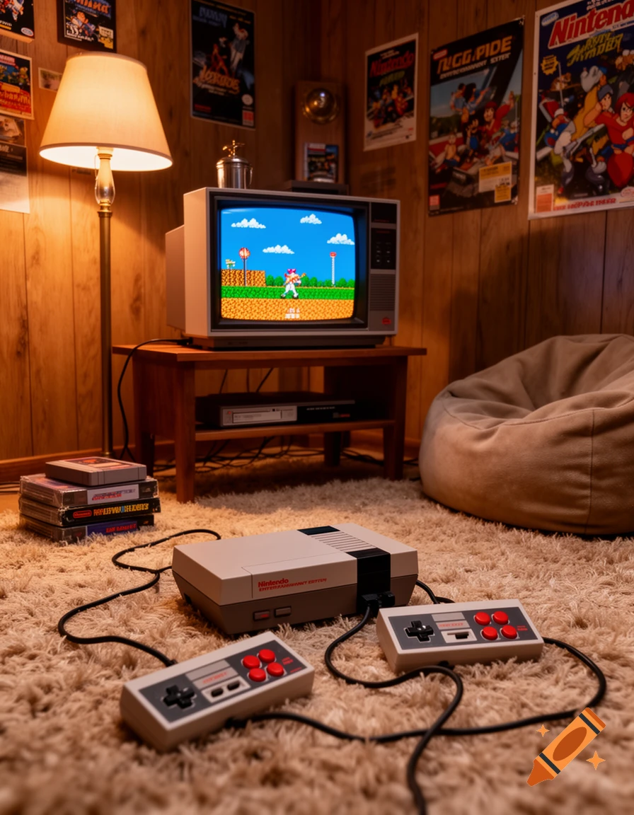 A retro gaming setup with a classic Nintendo Entertainment System, controllers, and a CRT TV displaying an 8-bit game.