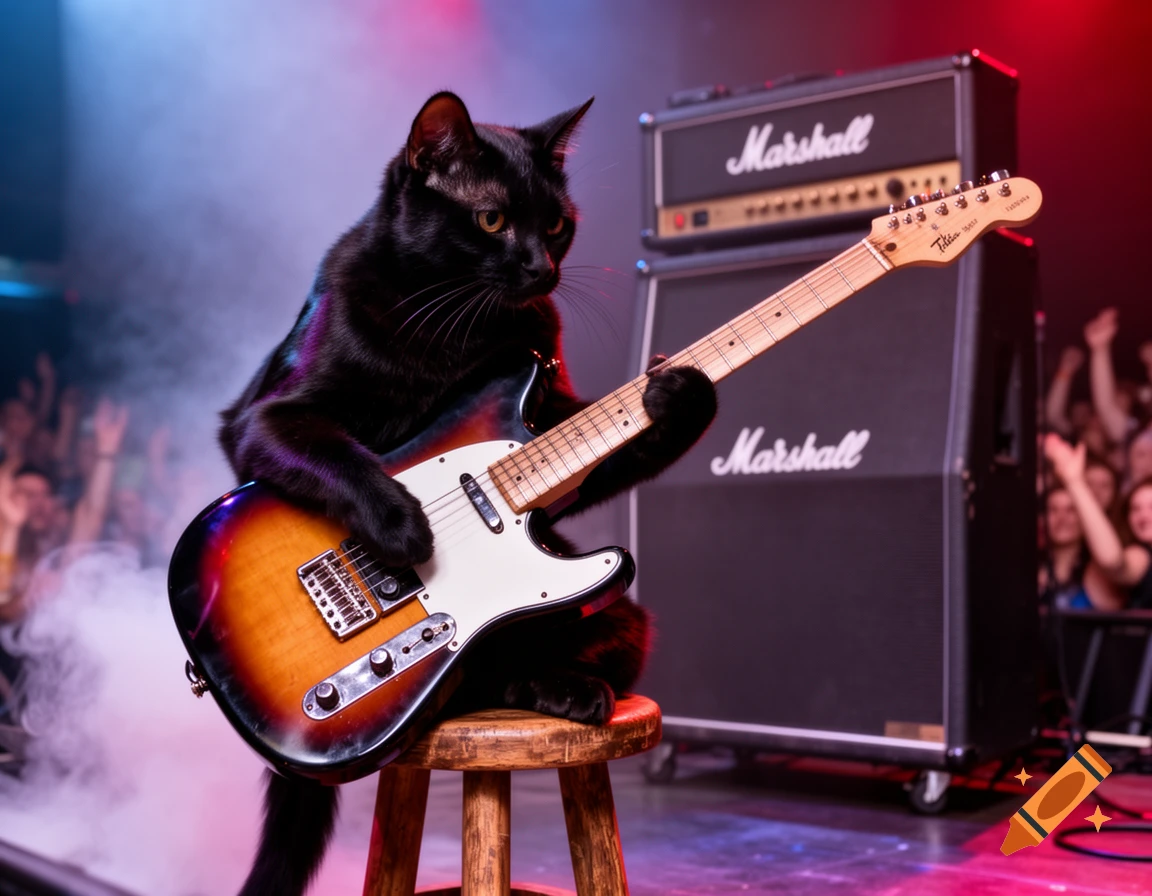 Black cat playing a sunburst electric guitar on a stage with Marshall amplifiers in the background.