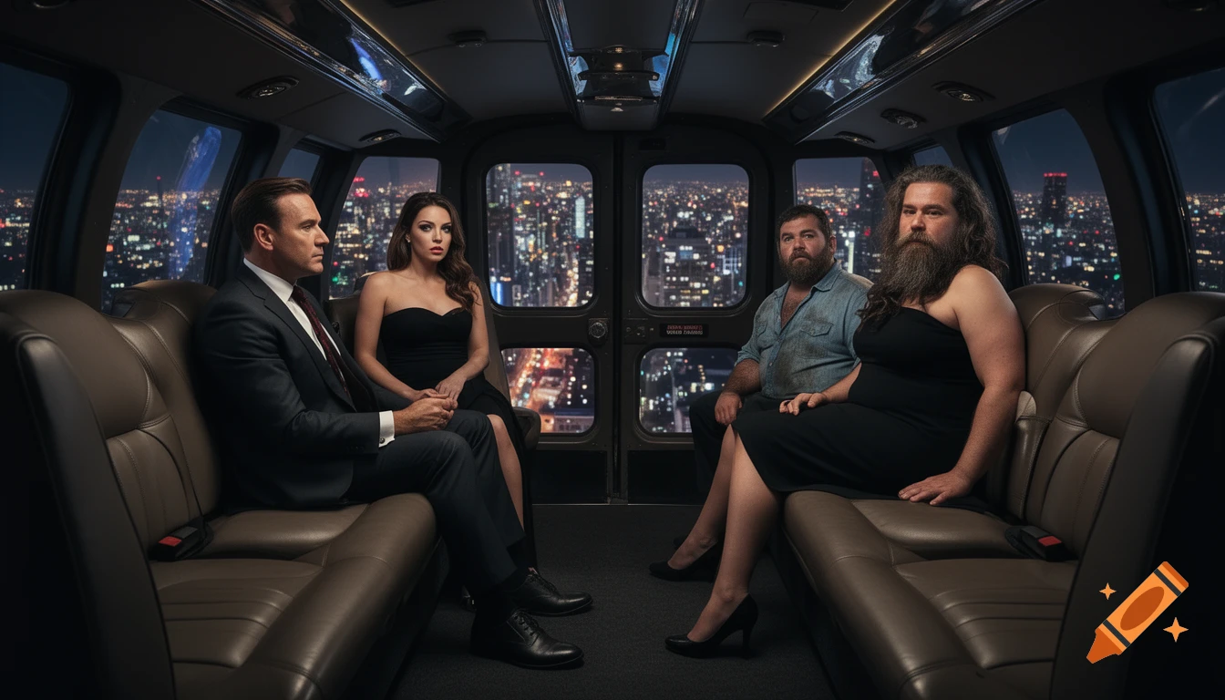 Four people, including a bearded man in a black dress, sit inside a luxury helicopter flying over a city at night.