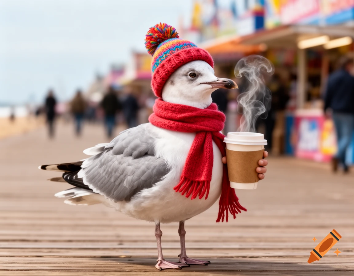A photorealistic seagull wearing a red knit hat and scarf, holding a steaming coffee cup on a wooden boardwalk.