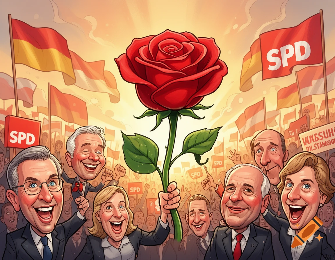 A colorful caricature illustration shows German politicians cheering under a giant red rose, surrounded by flags with 'SPD' and German colors.
