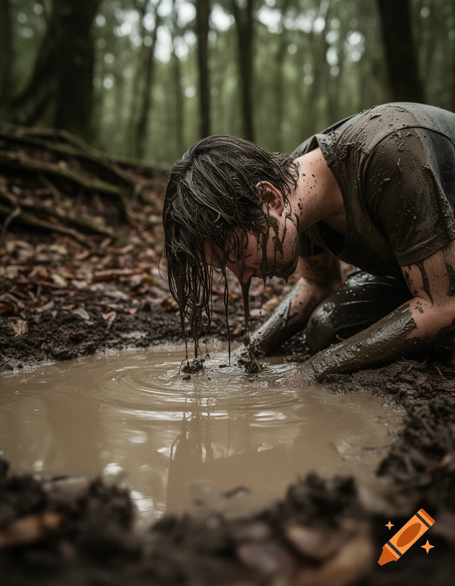 A person, covered in mud, kneels with their head in a muddy puddle in a dim forest.
