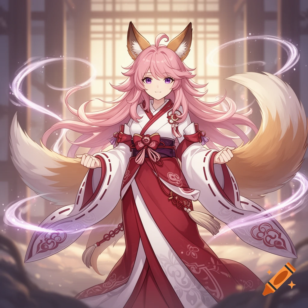 Anime Yae Miko with pink hair, fox ears, multiple tails, and a red and white kimono, smiling with glowing effects in a traditional setting.
