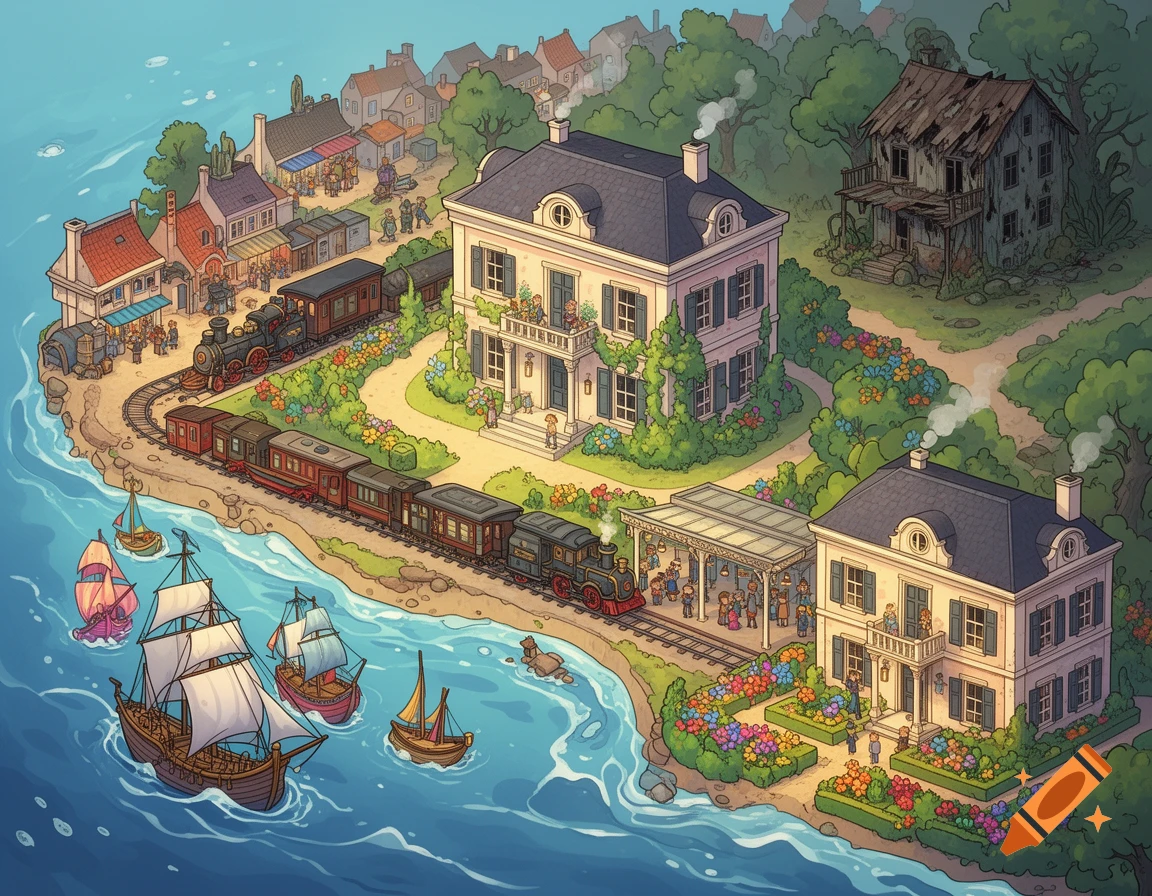 A colorful cartoon map depicting a coastal town with grand houses, a train, market stalls, boats, and a dilapidated house.