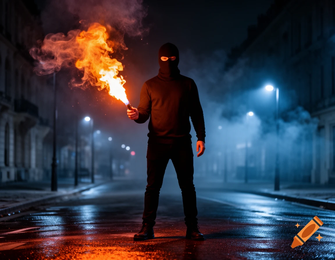 A person in a black balaclava and clothing stands in a dark, wet city street at night, holding a lit orange flare.