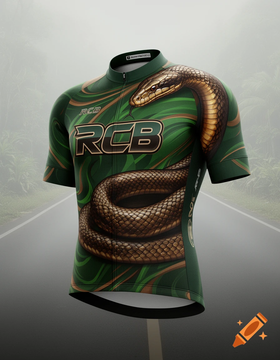 A green cycling jersey with a large, golden-brown anaconda coiled around the front and side, and the letters "RCB" prominently displayed.