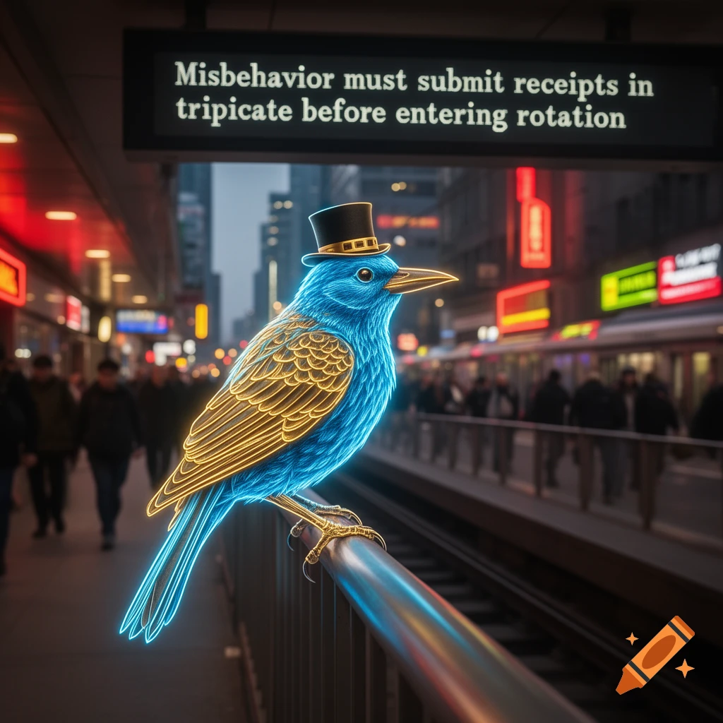 A glowing blue and gold neon bird wearing a top hat perches on a railing on a busy urban street with a text sign above.