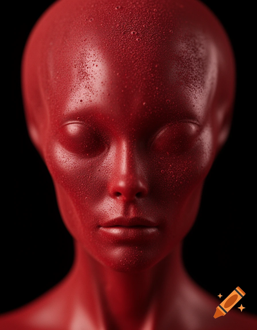 Close-up front view of a red, textured, smooth-featured head, resembling an alien or stylized human, against a dark background.