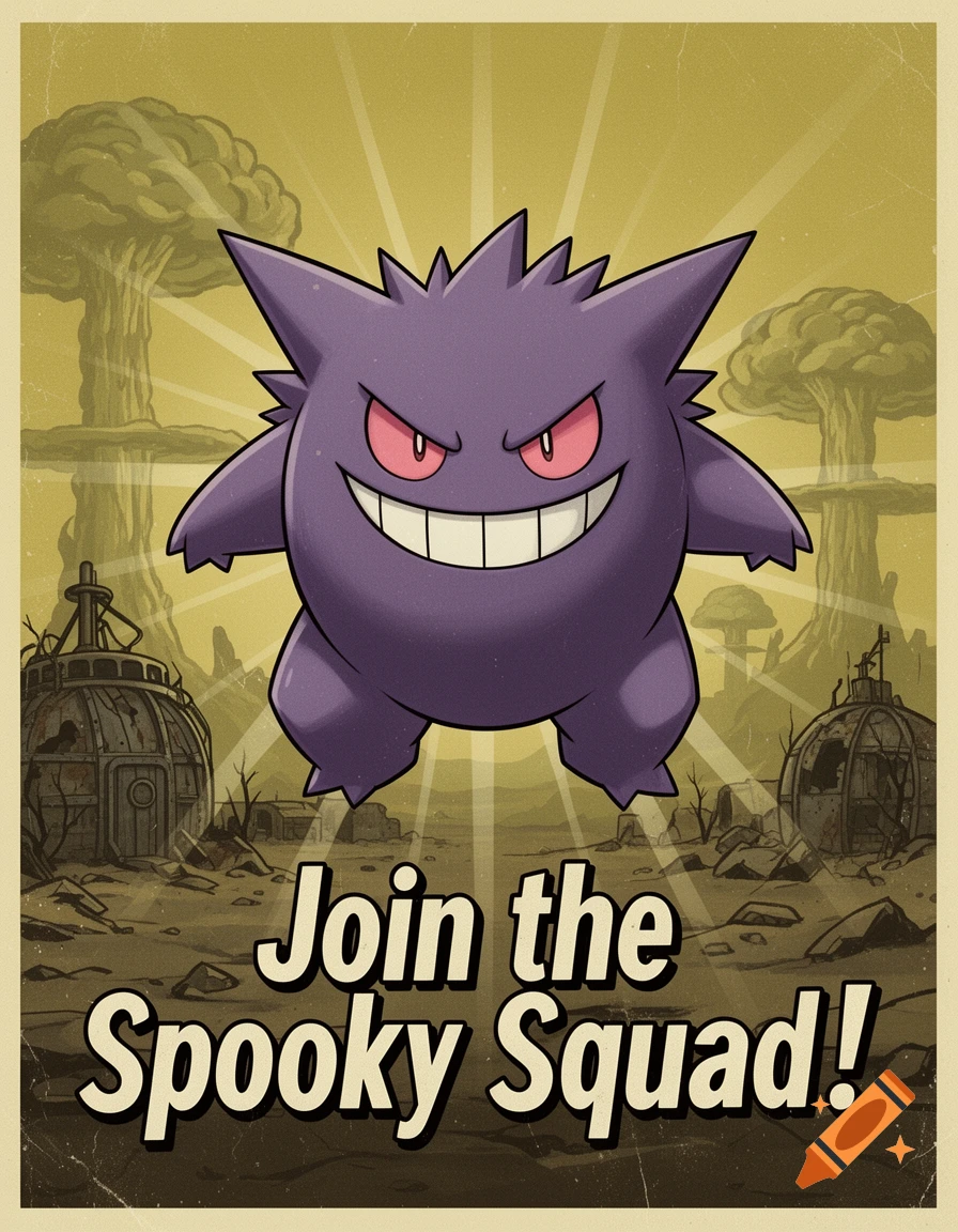 A Gengar Pokemon poster in a retro, post-apocalyptic style with mushroom clouds and ruined buildings. Text reads: 'Join the Spooky Squad!'.