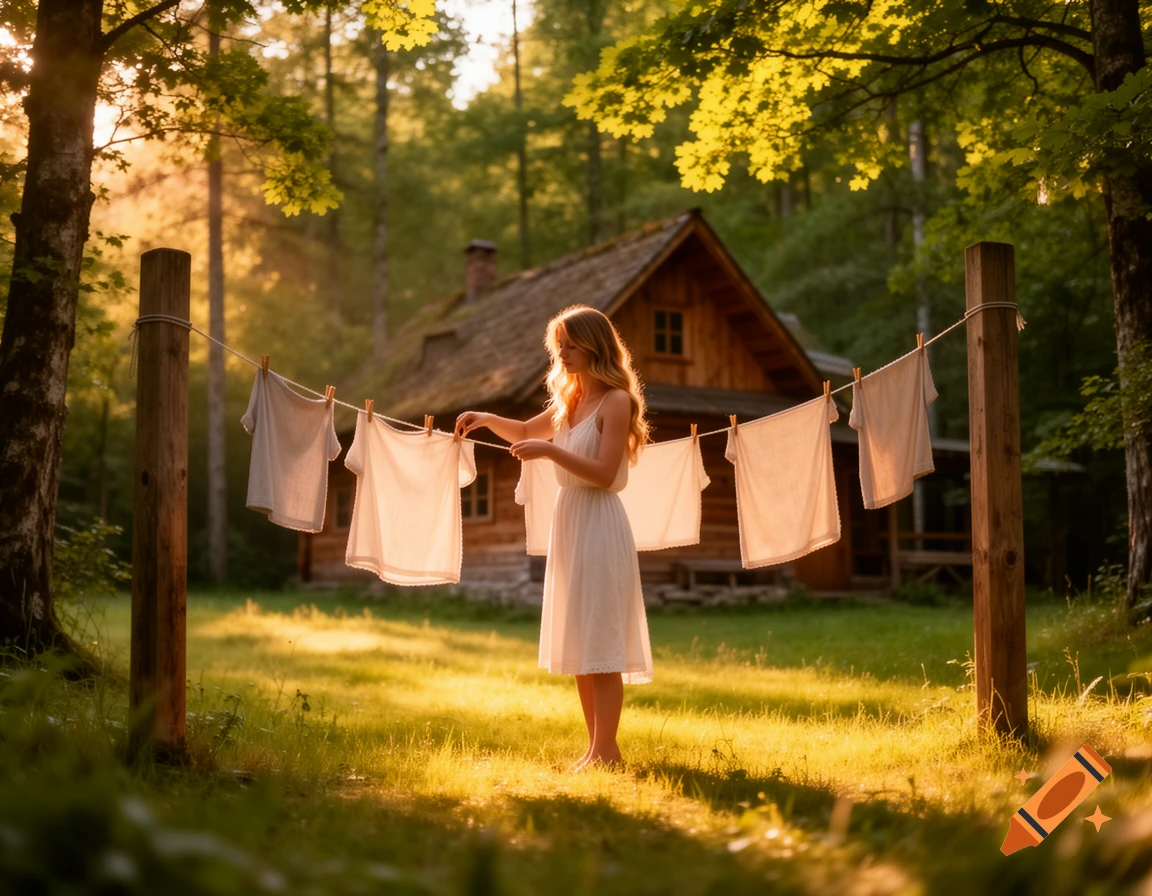 A young woman in a white dress hangs laundry on a clothesline outside a rustic wooden cabin in a sunlit forest clearing at golden hour.