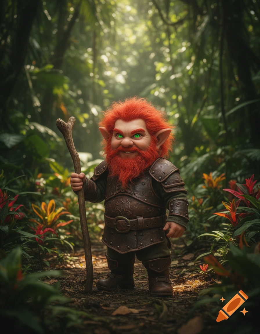 A realistic gnome with a red beard, green eyes, and leather armor holds a walking stick on a sun-dappled jungle path.