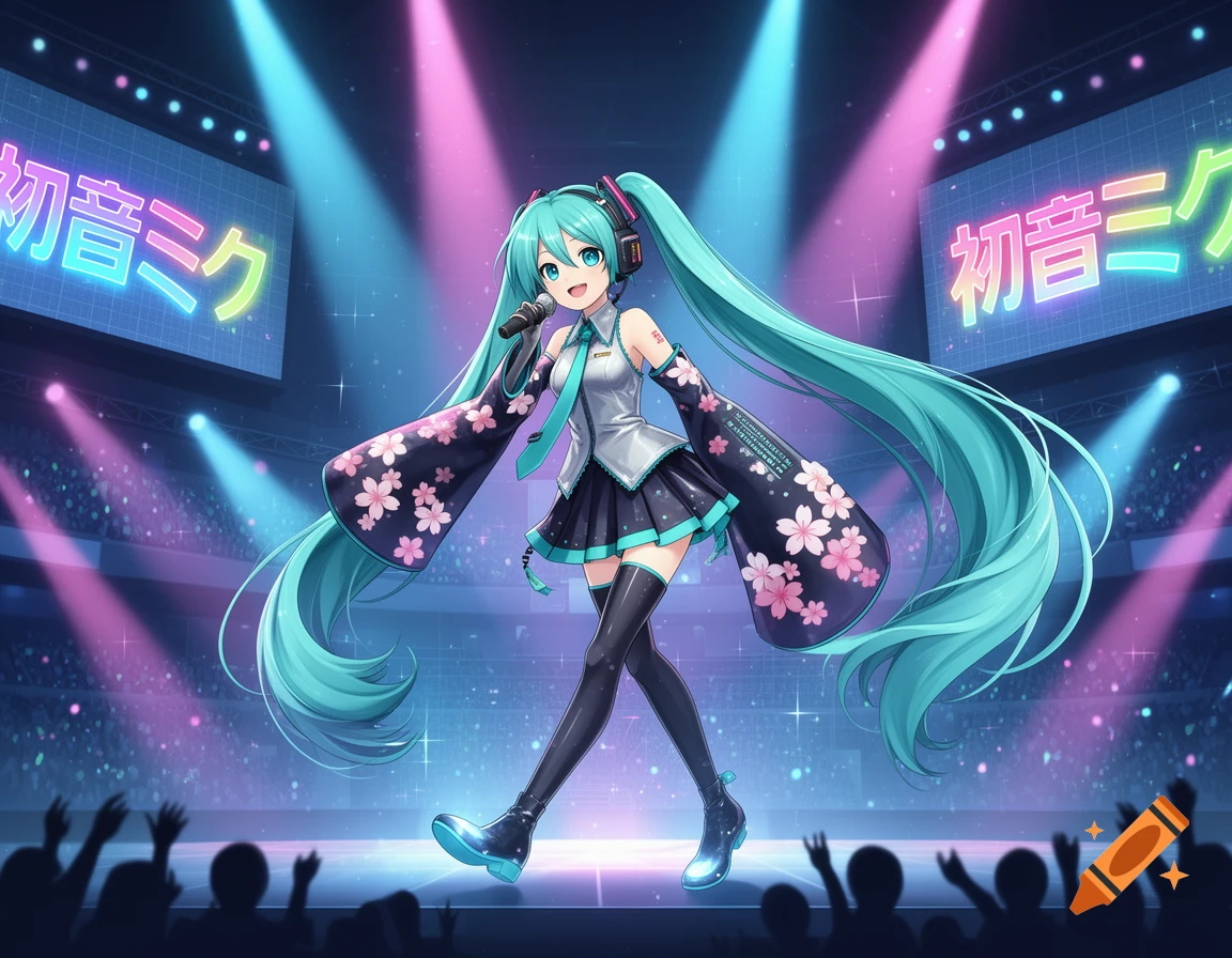 Hatsune Miku sings on a neon-lit stage with screens displaying her name, silhouetted crowd in foreground. Anime style.