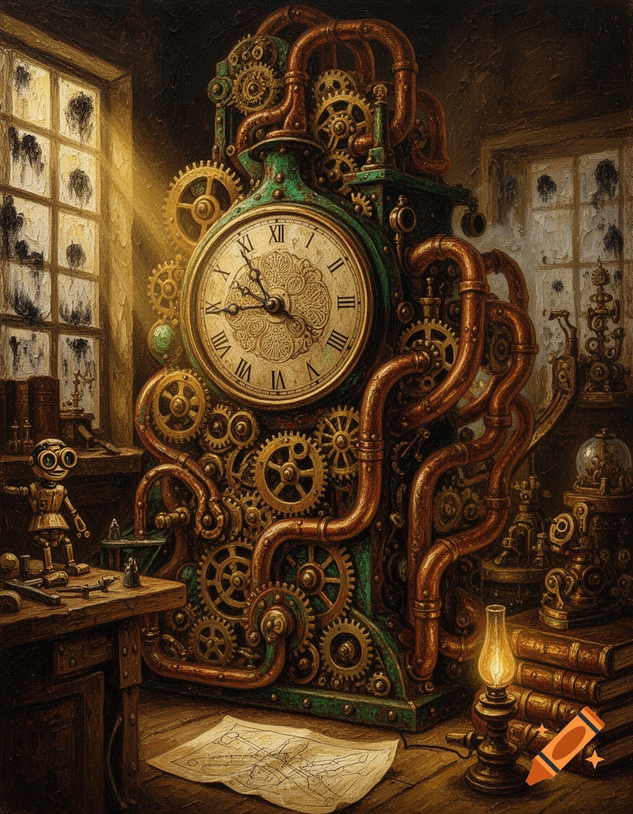 An impasto painting shows a large, intricate steampunk clock made of bronze pipes and gears in a dimly lit workshop, with a small robot on a table.