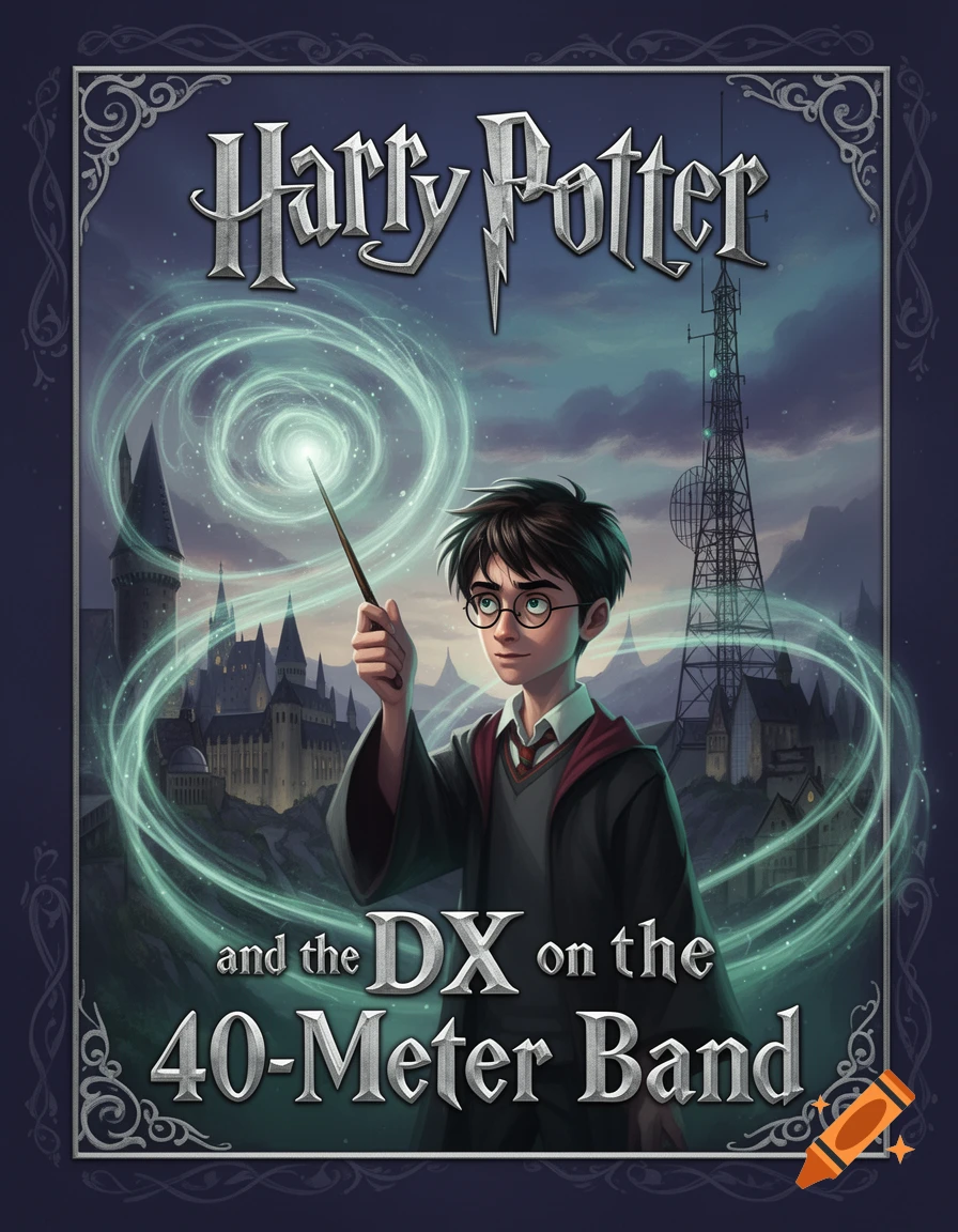 Illustrated book cover of Harry Potter casting a green glowing spell, a castle in the background, and a radio tower on the right. Titled "Harry Potter and the DX on the 40-Meter Band".