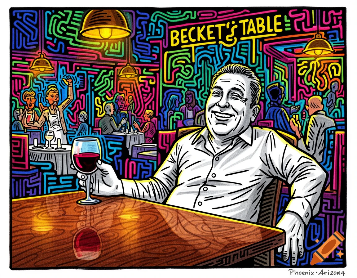 Colorful, Keith Haring-style illustration of a happy man holding a wine glass at a restaurant table, with 'BECKET'S TABLE' in neon signs above.