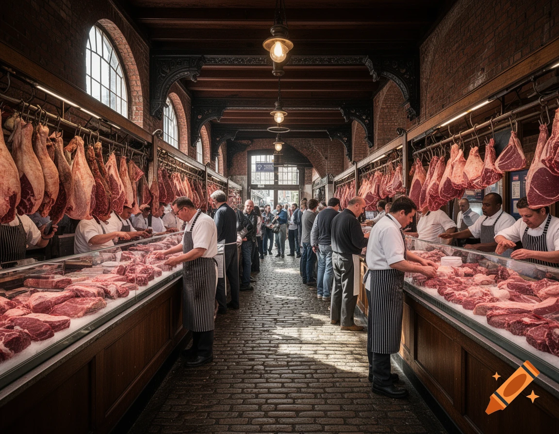 A bustling butcher market aisle with long rows of raw meat cuts on display and hanging, attended by butchers in aprons, with customers waiting.