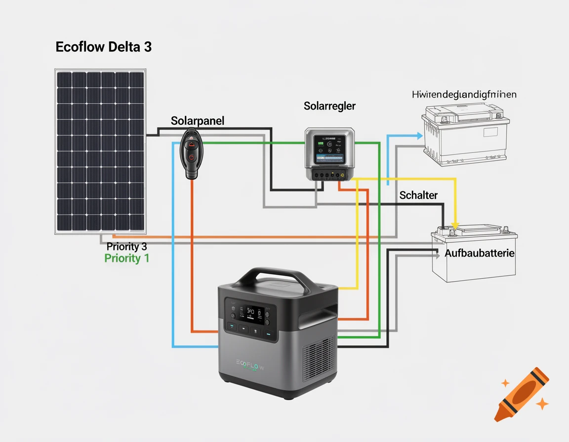 A technical wiring diagram illustrating a solar power setup with an Ecoflow Delta 3 power station, solar panel, solar controller, a switch, and two batteries labeled Aufbau and Hwirendegiandigfmiinen.