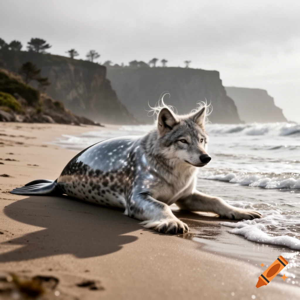 A photorealistic wolf-seal hybrid creature lies on a sandy beach as ocean waves lap at its side, with distant cliffs under an overcast sky.