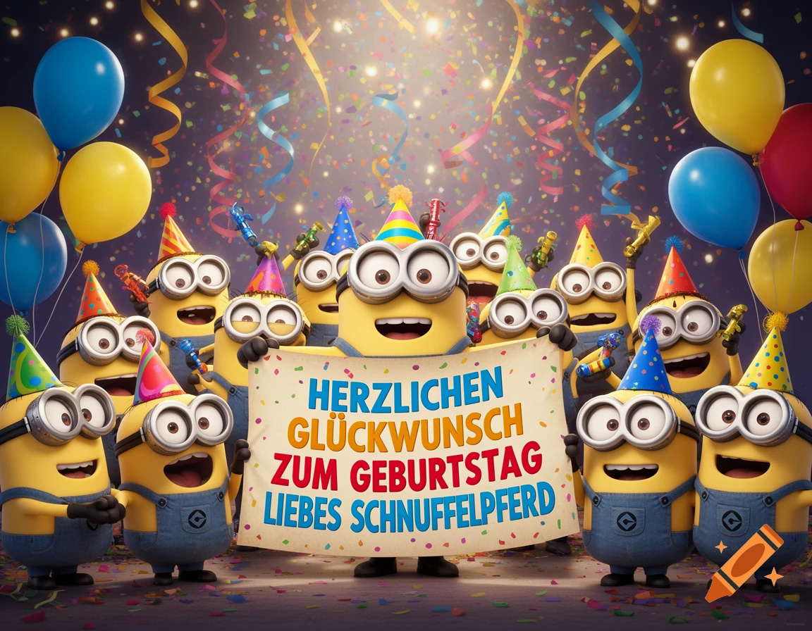 A group of smiling Minions in party hats hold a banner that says "Happy Birthday dear Snufflehorse" amidst balloons and confetti.