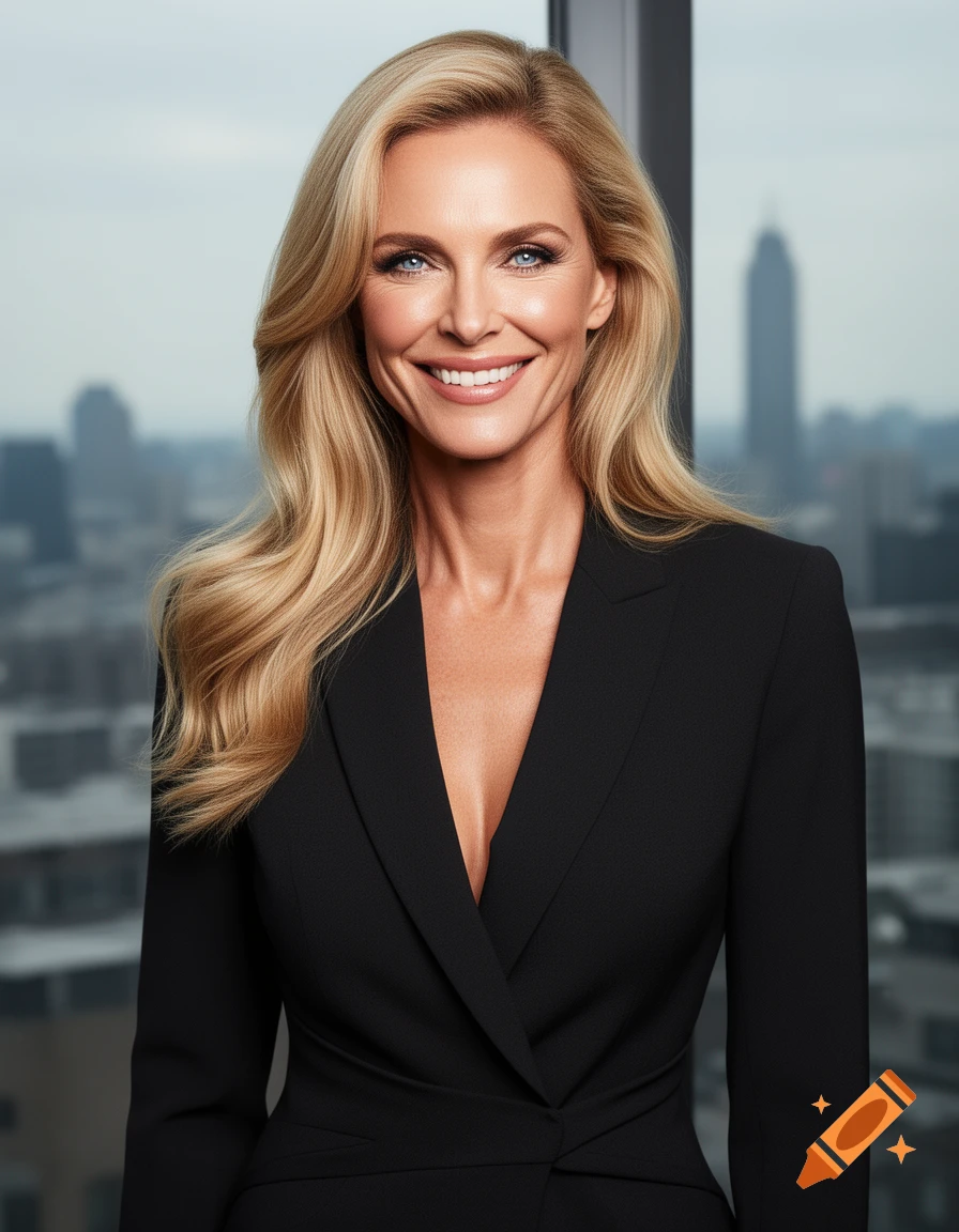 A smiling blonde woman in a black blazer stands in front of a blurred cityscape, photorealistic style.