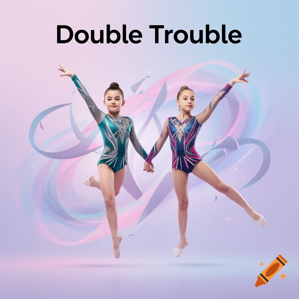 Two young gymnasts in colorful leotards pose, holding hands, with 'Double Trouble' text above them on a light, abstract background.
