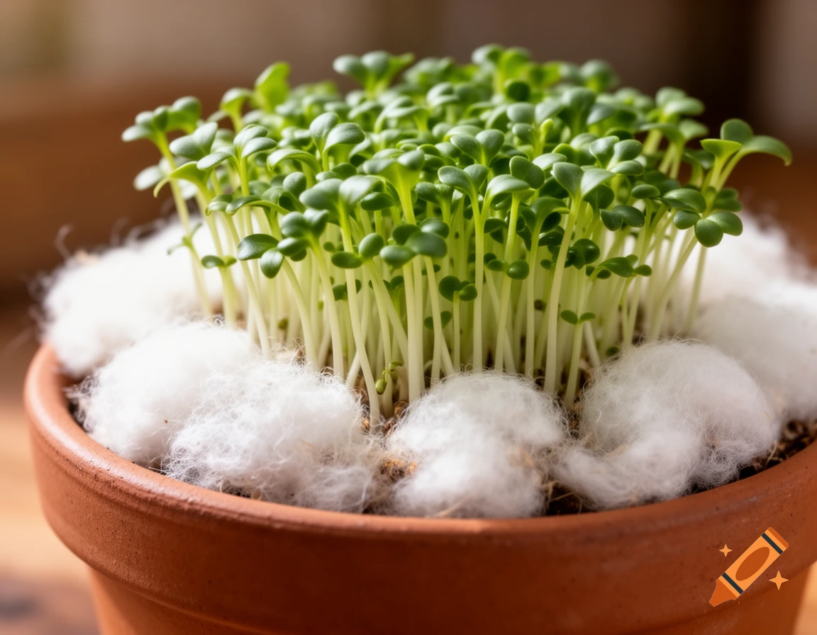 Close-up of vibrant green cress sprouts growing in a terracotta pot with white cotton wool around the base.