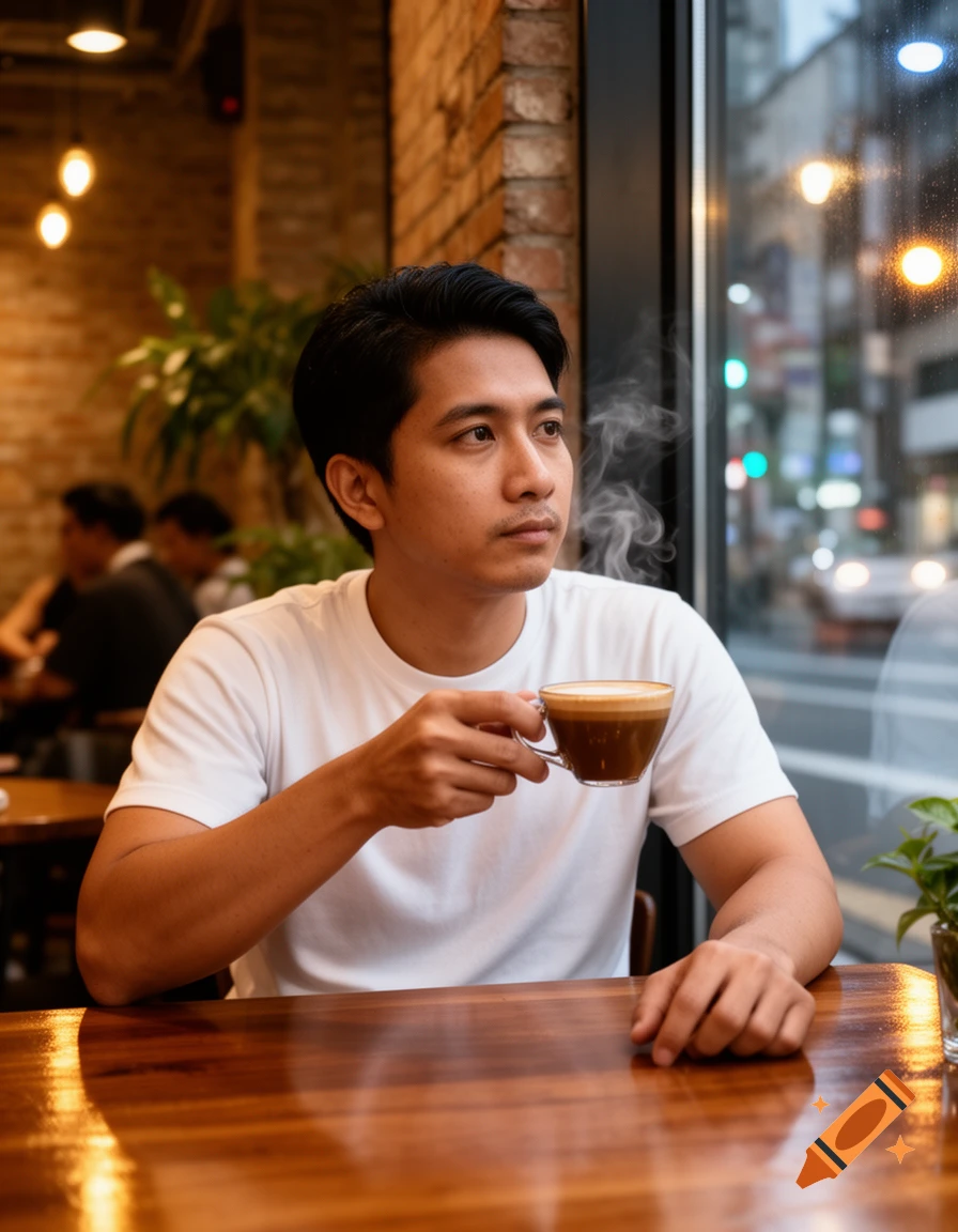 Photorealistic portrait of a man in a white t-shirt holding a steaming coffee cup in a cafe, looking out the window.