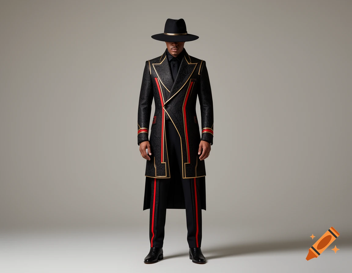 Full shot of a man in a black trench coat with gold trim and red accents, black fedora, and black shirt.
