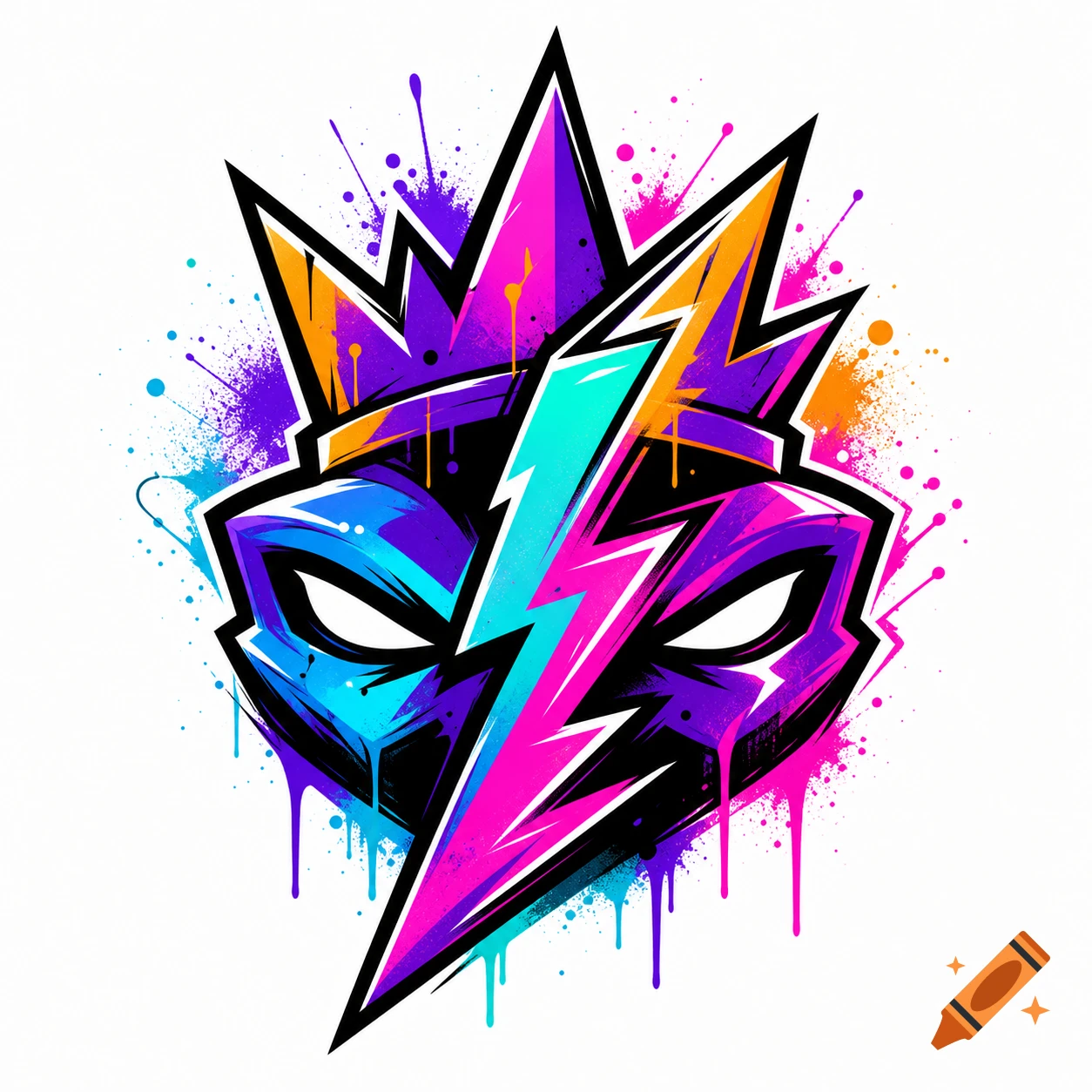 A vibrant graffiti logo featuring a stylized mask, lightning bolt, and crown in electric purple, neon turquoise, and magenta with paint splatters.