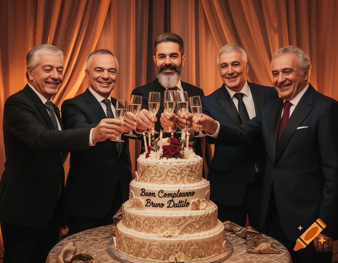Five men in suits toasting with champagne around a large tiered birthday cake with "Buon Compleanno Bruno Dattilo" on it.