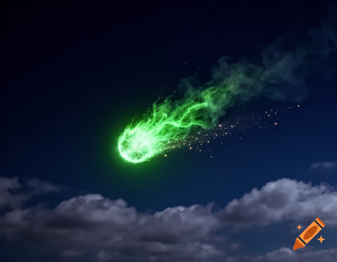A glowing green fireball with a fiery trail and sparks streaks across a dark night sky with clouds.