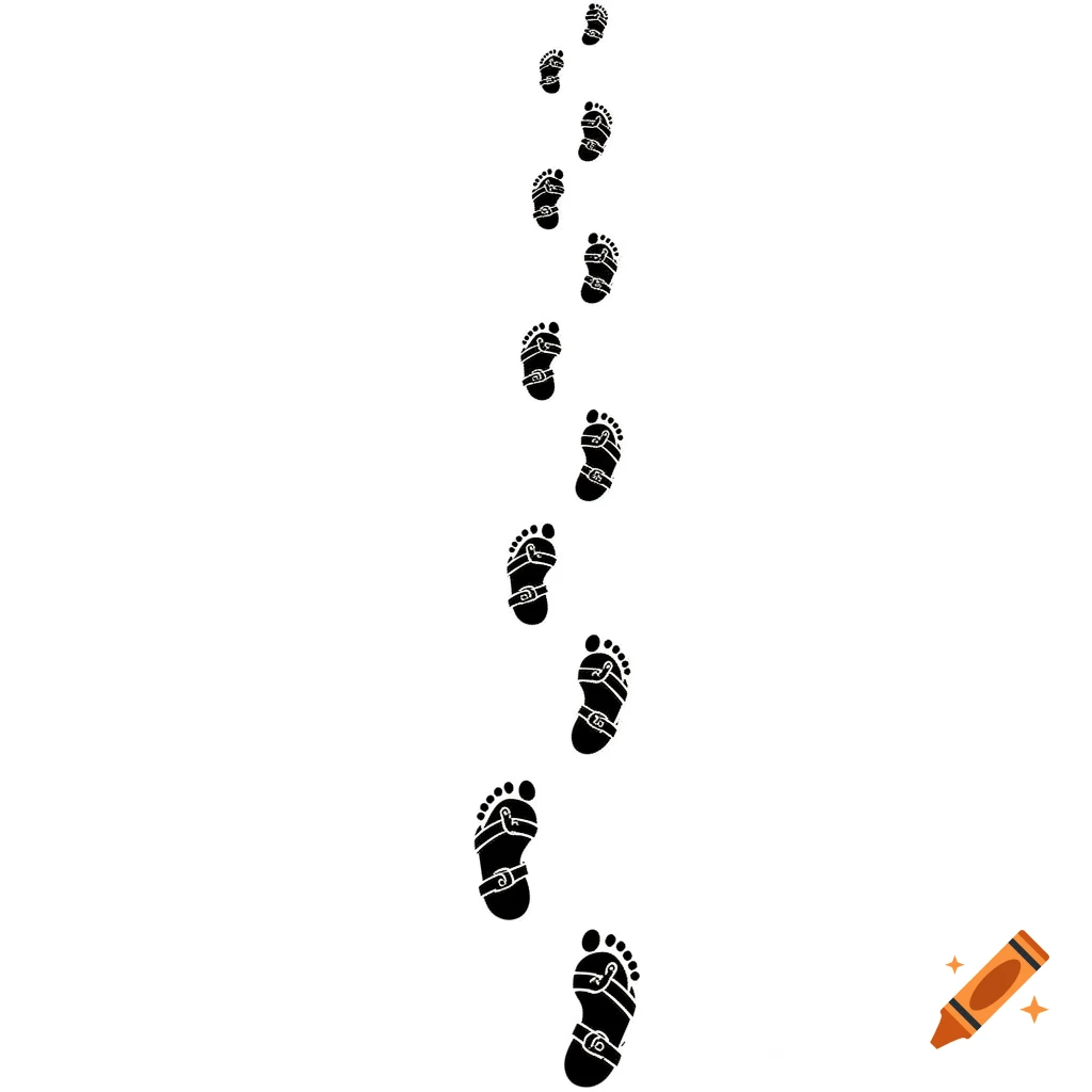Black sandal footprints forming a walking trail on a white background, high contrast minimalist illustration.
