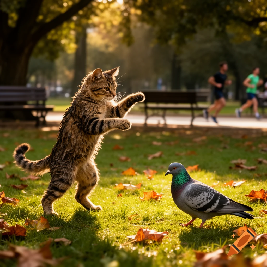 Photorealistic image of a tabby cat standing on hind legs, paws up, facing a pigeon in a sunny park with fall leaves.