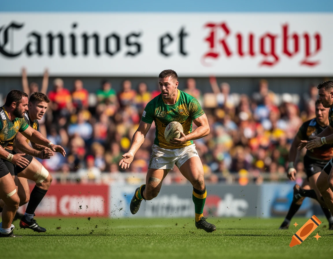 A male rugby player in a green and yellow jersey runs with the ball on a grassy field during a match, with spectators and a sign reading "Caninos et Rugby" in the background.