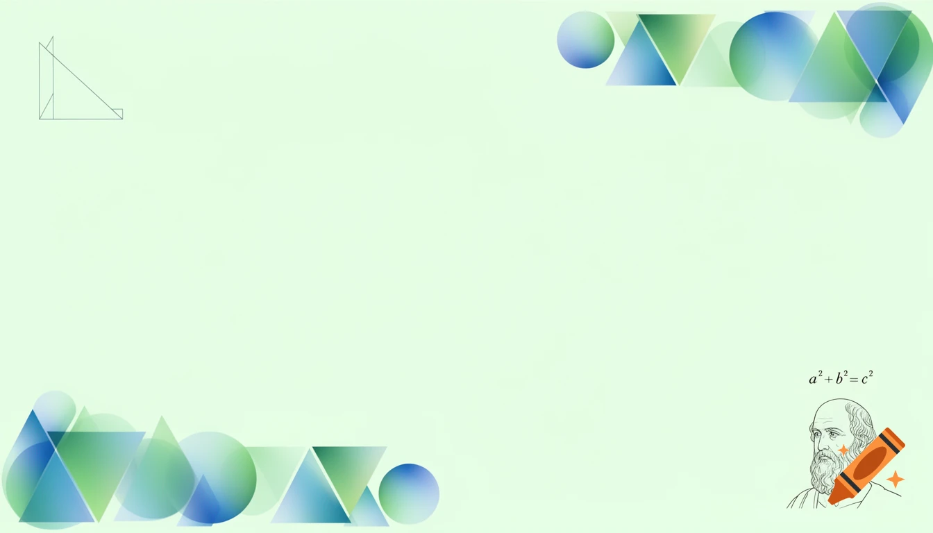 Light mint green background with abstract blue and green geometric shapes, a right triangle, and a line-art portrait of Pythagoras with a2 + b2 = c2.