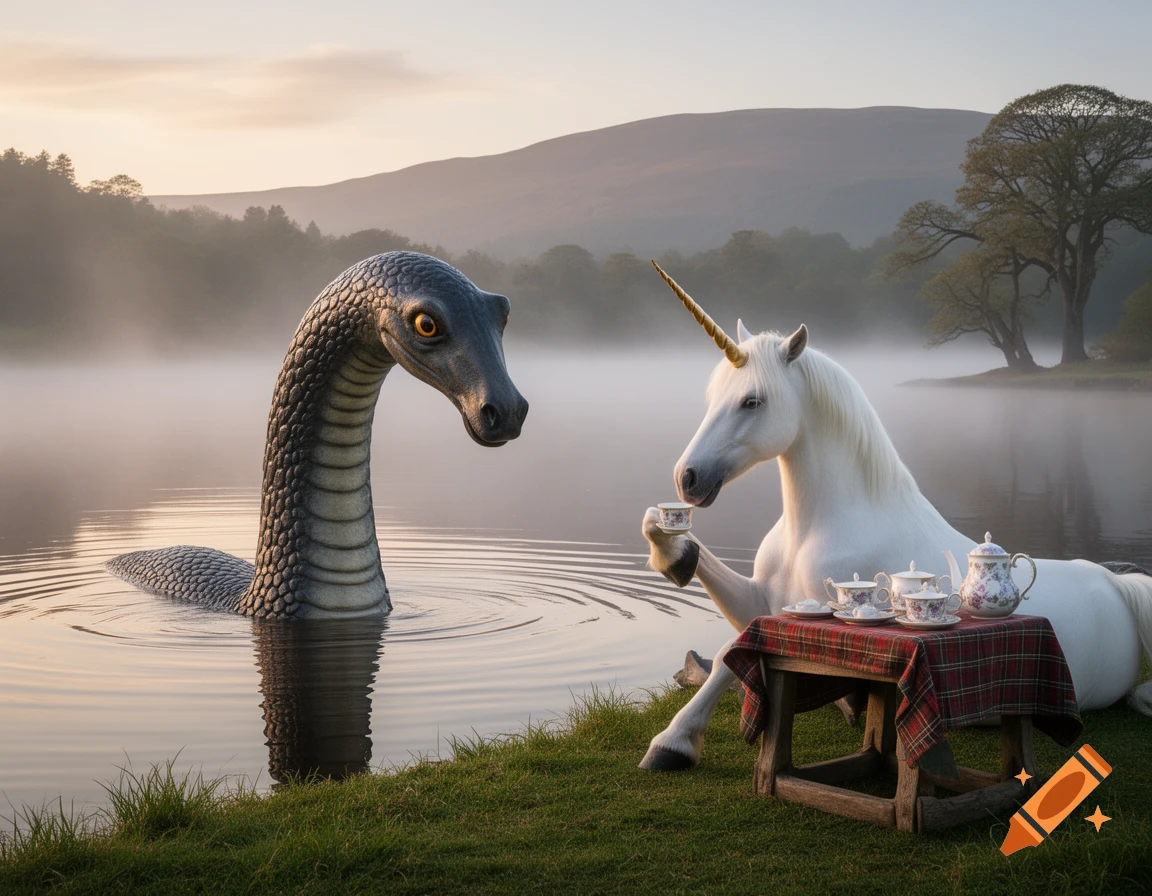 A white unicorn sips tea at a small table on a grassy lakeshore, facing the Loch Ness Monster whose head and neck emerge from the misty water.