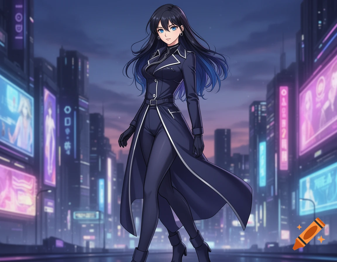 An anime woman with long black hair and blue eyes, wearing a dark blue trench coat and gloves, stands in a neon-lit futuristic cityscape at dusk.