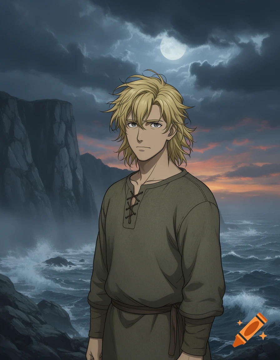 Anime-style blonde man with a serious expression by a stormy sea under a full moon, dark cliffs in background.
