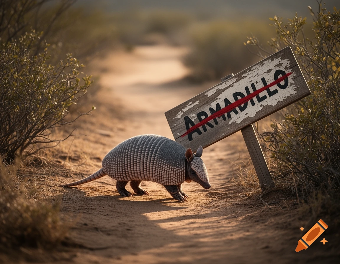 A photorealistic armadillo walks along a dirt path next to a weathered wooden sign with the word "ARMADILLO" crossed out.