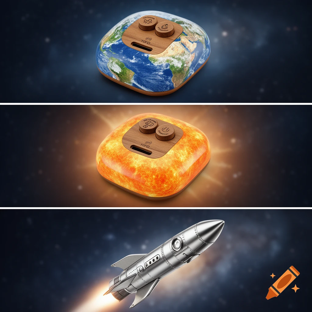 Three panels showing space-themed objects. Top: A square Yoto Player shaped like Earth. Middle: The Yoto Player shaped like the Sun. Bottom: A silver rocket flying upwards.