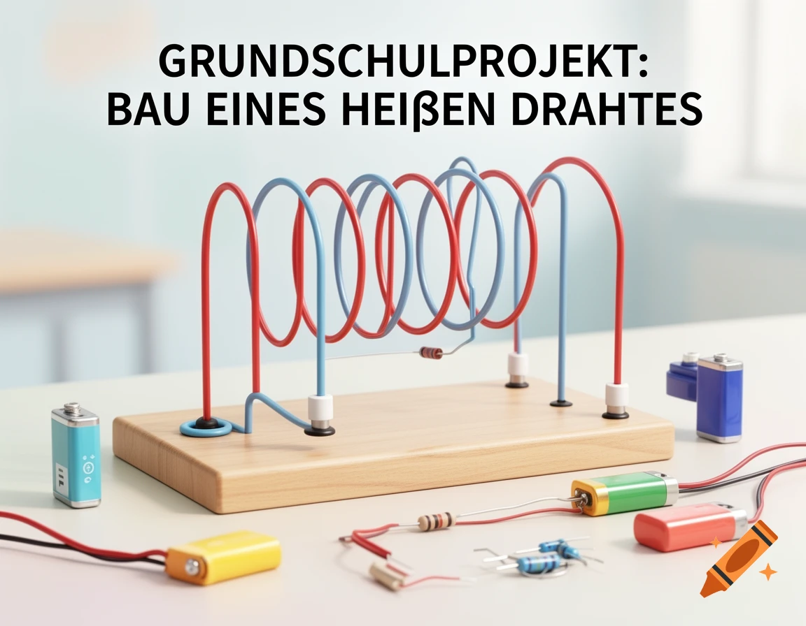 A school project setup with a 'hot wire' game, red and blue wires, a wooden base, batteries, and resistors on a table. Text: GRUNDSCHULPROJEKT: BAU EINES HEISSEN DRAHTES.