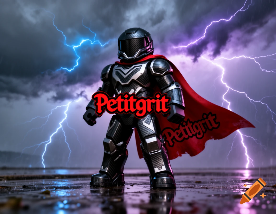 A Roblox-style robot in black and silver armor with a red cape stands in a storm with lightning. Text 'Petitgrit' is on its chest and cape.
