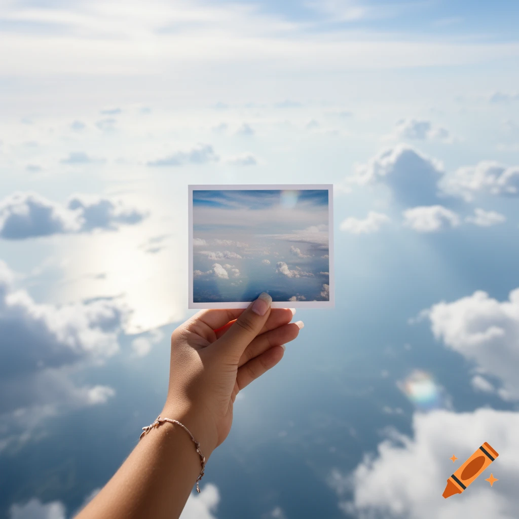 A hand holds a square photo of clouds and sky against a backdrop of clouds and ocean from an aerial view.