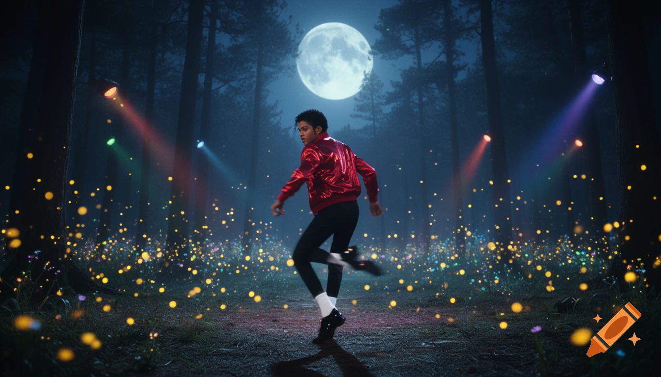 A slim performer in a red jacket dances in a moonlit forest with colorful spotlights and glowing fireflies.