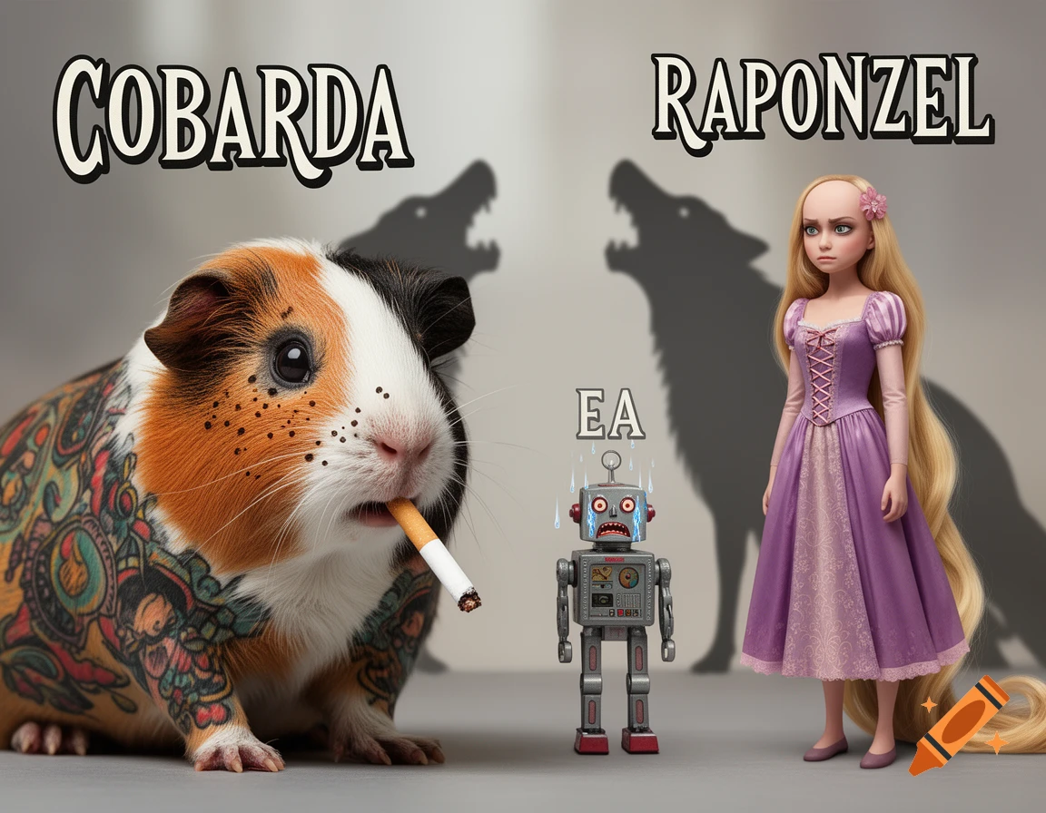 A tattooed guinea pig smoking a cigarette, a bald Rapunzel doll, and a crying robot are on a grey surface with wolf shadows. Text reads 'COBARDA', 'RAPONZEL', 'EA'.