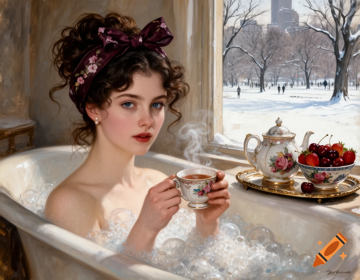 Oil painting of a young woman in a bubble bath, holding a teacup. A teapot, berries, and a snowy park outside a window.