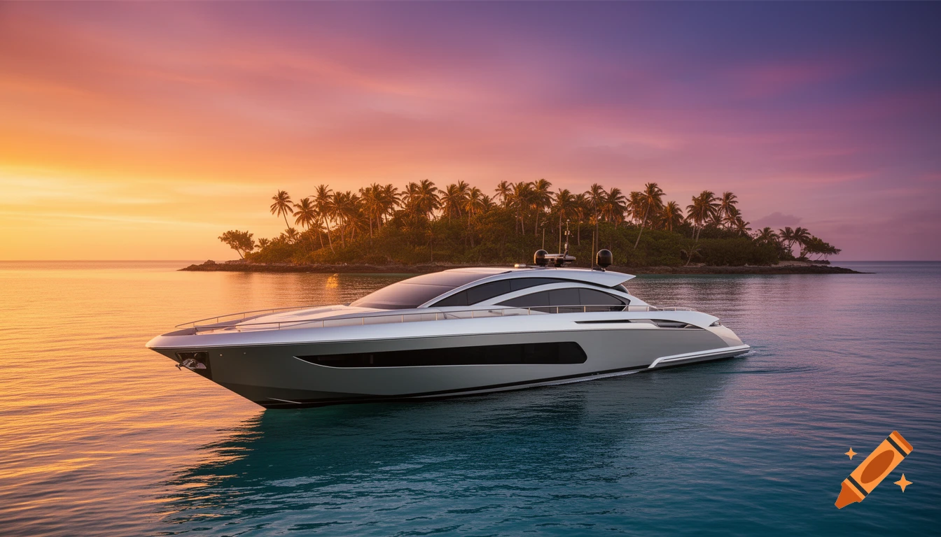 A luxurious yacht floats on clear water near a tropical island with palm trees at a vibrant sunset.