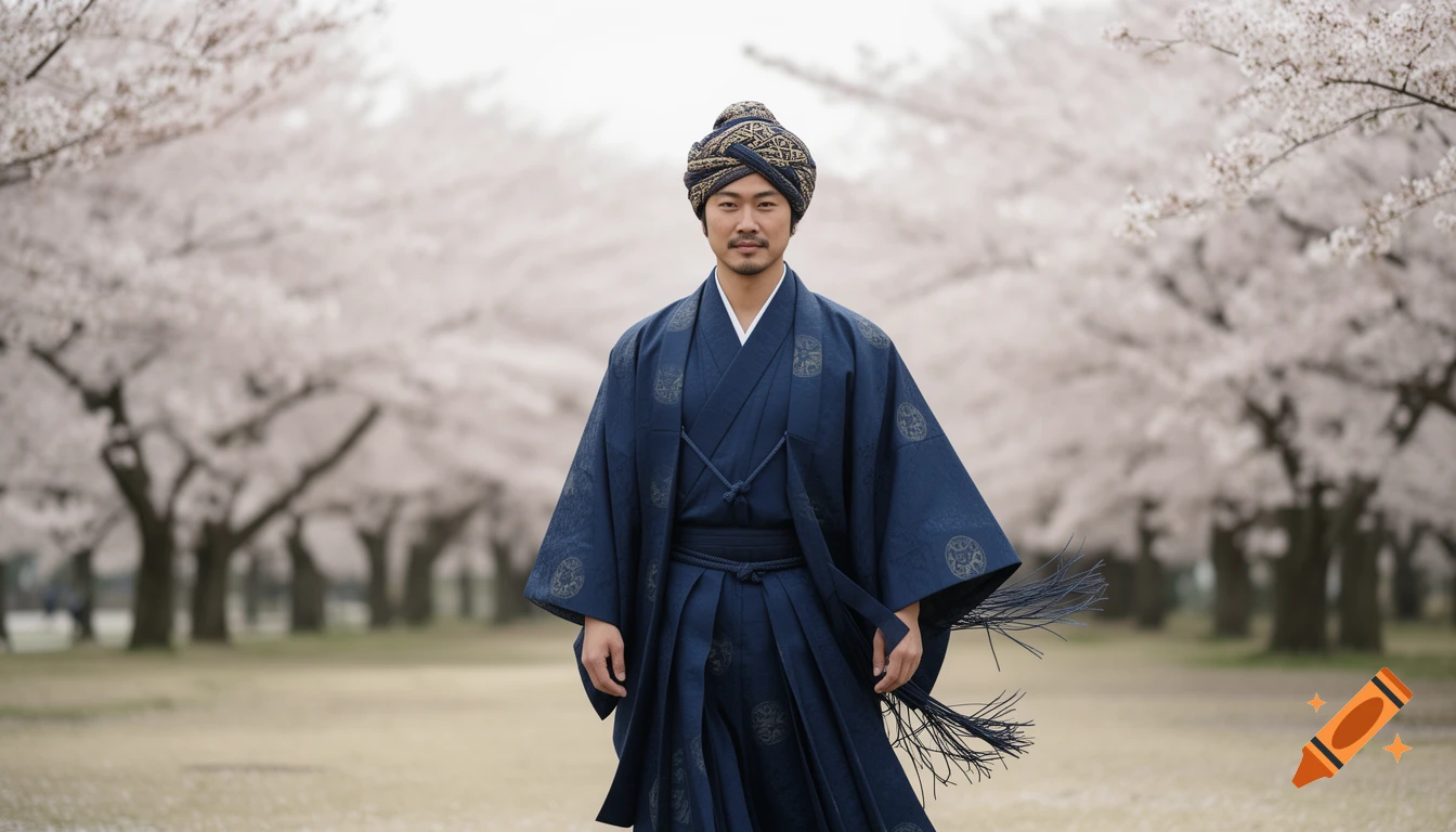 Photorealistic image of a man in a blue Japanese haori and turban standing in a cherry blossom park.